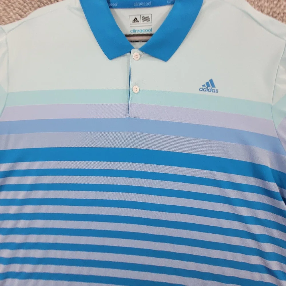 Adidas Golf Climacool Mens 2XL Polo Shirt Blue Aqua Striped Performance Short Sl